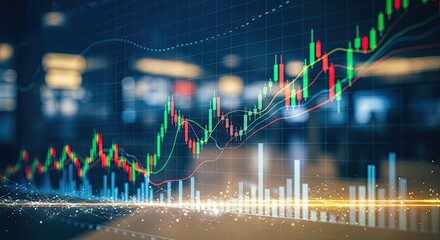 Stock market graph with green and red candlesticks on a blue background.