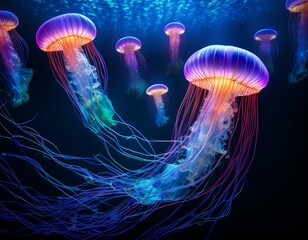 a stunning display of glowing jellyfish in vibrant colors showcasing their ethereal beauty against a dark background perfect for marine life nature and science themed projects