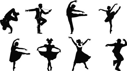 Stylized dance silhouette set with ballet, breakdance, violin, flapper, and high kick poses for artistic and cultural design.