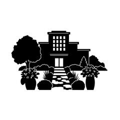Hospital garden scene with plants and pathways in silhouette style  