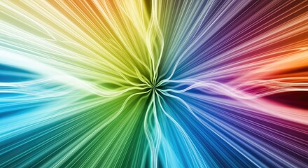 A vibrant, abstract rainbow-colored light burst with streaks of white and orange, creating a mesmerizing visual effect.