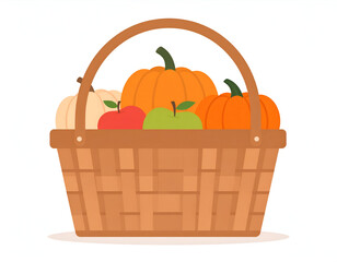 Harvest Basket Filled With Pumpkins And Apples.