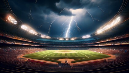a powerful lightning bolt strikes a deserted baseball stadium under a dramatic stormy sky a chilling scene of suspended play and nature s raw power