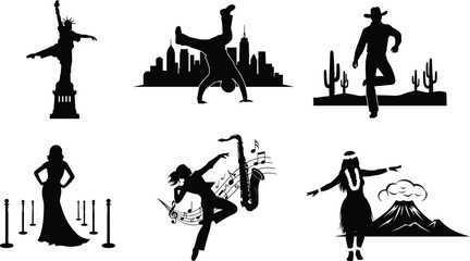 Cultural silhouette set with Statue of Liberty, breakdancer, cowboy, Hollywood, hula dancer, and musical icons for design themes.