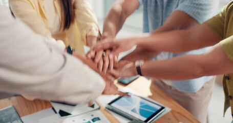 Business people, hands and pile together for teamwork, announcement or success in office. Group of employees, paperwork and graphs for partnership, support meeting or workplace funding approval