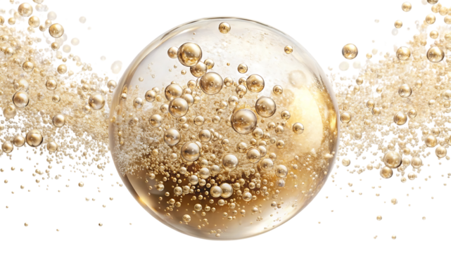 Golden liquid sphere with bubbles isolated on transparent background, showcasing a mesmerizing display of light and texture in a macro shot - Powered by Adobe