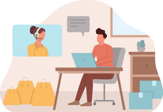 Customer Service Man at Desk with Laptop Talking to Female Agent on Screen with Shopping Bags and Boxes on Transparent Background