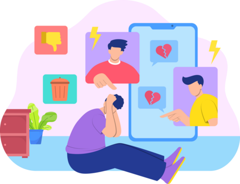 Cyberbullying Victim Illustration Featuring A Sad Person with Purple Shirt Receiving Aggressive Texts in a Transparent Background