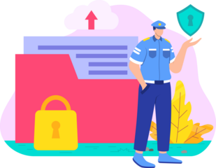 Data Security Officer with File Cloud and Padlock Illustration in Blue Pink and Yellow on White Background Data Privacy Vector Graphic