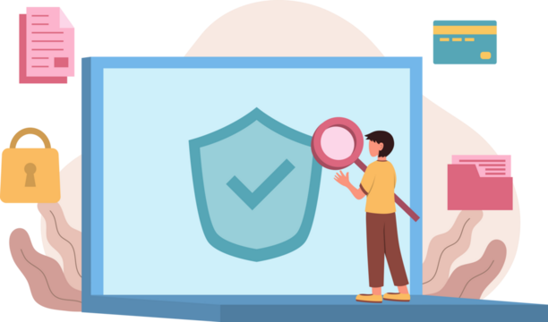 Data Security Illustration with Laptop and Security Shield on Transparent Background