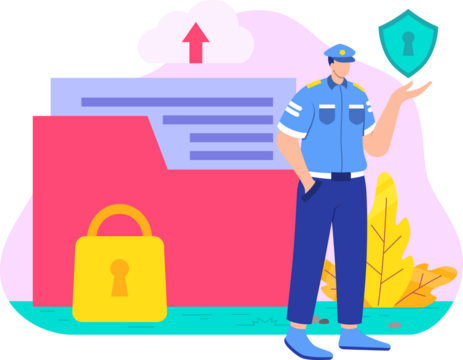 Data Security Officer with File Cloud and Padlock Illustration in Blue Pink and Yellow on White Background Data Privacy Vector Graphic