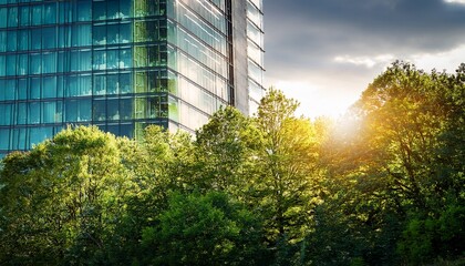 tall building rising next to dense forest with sun filtering through glass facade strong contrast for themes of green cities sustainable architecture transition and innovation