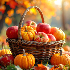 Autumn Harvest Basket with Apples and Pumpkins in a Vibrant Fall Setting.