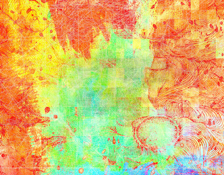Abstract composition with mixed orange, green, and yellow tones arranged in soft rectangular forms. The surface has a patchwork quality, blending painterly brushstrokes with faint digital noise