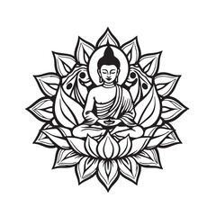 Fototapeta premium Buddha in lotus mandala frame vector design concept black and white illustration.