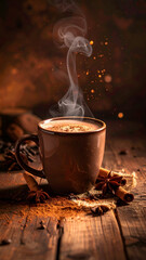 Steaming coffee cup on wooden table with cinnamon sticks and spices.