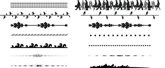 Obraz premium Black & White Decorative Borders Clipart: Ornate Dividers, Vine Accents, Dotted Lines, & People Silhouettes for Graphic Design Projects