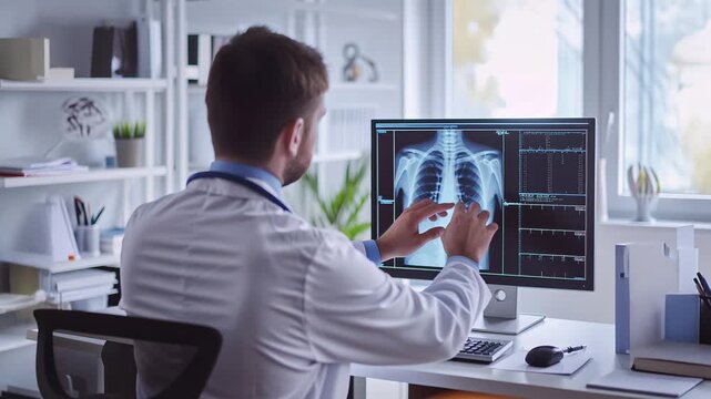 Doctor reviewing chest x-ray on computer screen in medical office, Physician analyzing lung radiograph at desk with healthcare technology 4k