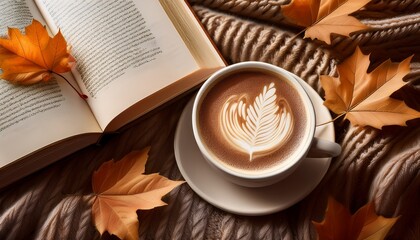 warm latte with leaf art beside an open book and scattered fall leaves soft knit textures inviting cozy mood ideal for coffee shop ads seasonal promotions reading and wellness branding