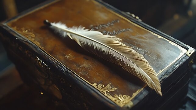 Old single white quill feather next to an old book for writing literature, A white quill pen for a calligraphy business - Powered by Adobe