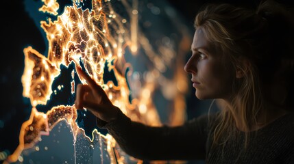 Woman Analyzes Global Network Data Map, Future Tech