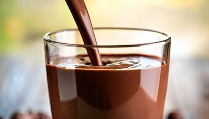 close up eye level shot of clear glass filled with delicious chocolate milk being poured