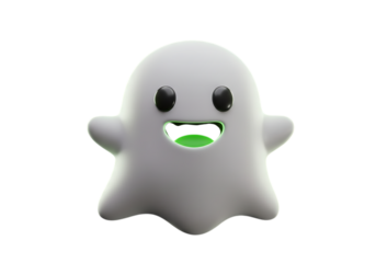 Cute cartoon ghost character smiling with green mouth isolated on transparent background