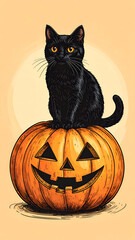 Black Cat Sitting on a Spooky Halloween Jack O Lantern Pumpkin.