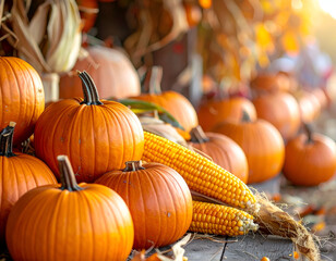 Autumn Harvest Display with Pumpkins and Corn.