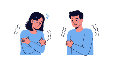 Fototapeta premium Illustrations of a man and a woman shivering with cold symptoms and discomfort.