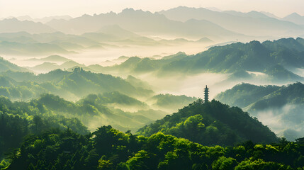 Mountain landscape with pagoda and mist