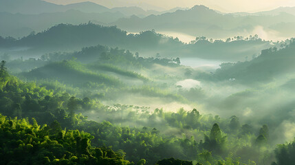 Misty mountain landscape with green hills