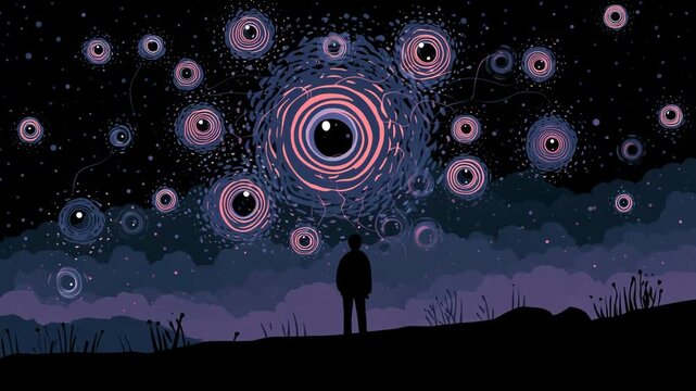 Man gazing at cosmic horror, animation illustration of a mysterious alien entity in the night sky