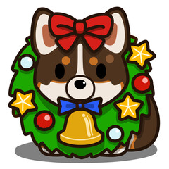 クリスマスリースを首にかけたコーギー(トライカラー)