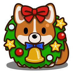 クリスマスリースを首にかけたコーギー(レッドカラー)