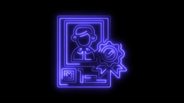 Neon verified identity document with checkmark badge confirmation on black background