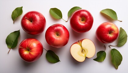 a topdown view of several red apples whole and halved scattered with green leaves on a white background