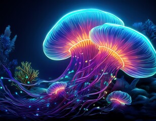 stunning bioluminescent underwater creatures glowing in vibrant colors showcasing intricate details and textures perfect for marine life nature and science themed advertising