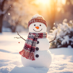 Happy snowman with a carrot nose in a snowy landscape at sunrise.