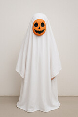 Cute Ghost Halloween Costume with Pumpkin Mask in Front of White Wall