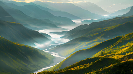 Mountain valley with river and mist