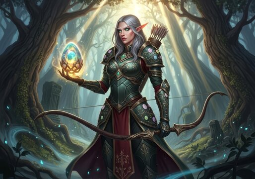 Elf Woman Holding Glowing Orb in Mystical Forest with Bow