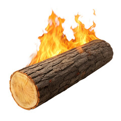 A realistic log of wood burning with vibrant orange flames isolated on transparent background