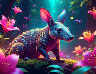 Modern digital artwork of an aardvark surrounded by luminous holographic ants