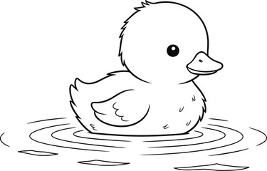 Adorable Duckling Floating on Water with Ripples - Black and White Outline Vector Illustration for Coloring and Children's Designs