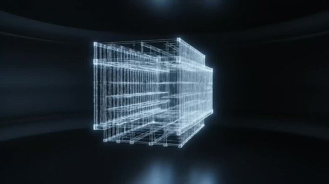 Abstract glowing blue wireframe cube symbolizing digital information, data visualization, and complex technological systems within a sleek, futuristic dark space