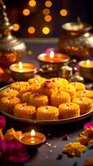 Golden Indian sweets on a platter with lit diyas for Diwali celebration.