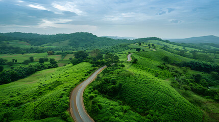 Winding road through green hills