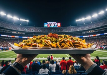 Person holding a large tray of loaded nachos in front of a packed stadium crowd during a night game, stadium lights illuminating the scene