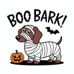 A cartoon illustration of a mummified dachshund dog with brown and white coloring wrapped in white bandages from head to tail